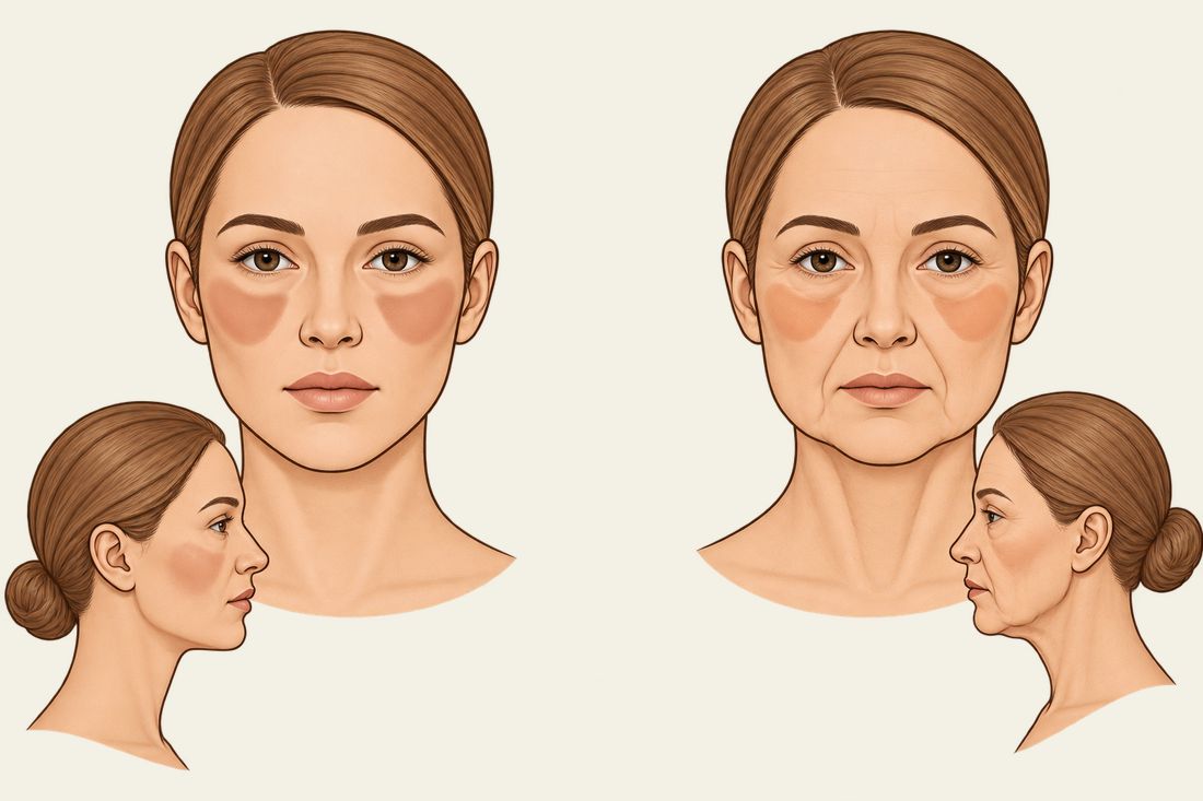 Ilustração de um mesmo rosto jovem e envelhecido, de frente e de perfil